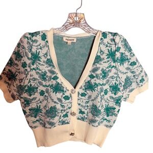 Pink‎ Ripple Cropped Cardigan Womens S Green Polyester Floral Rhinestone Button